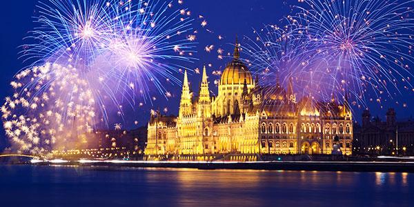 Image of fireworks over the River Danube with Hungarian parliament building