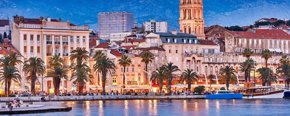 A view of Split, Croatia from the water at dusk