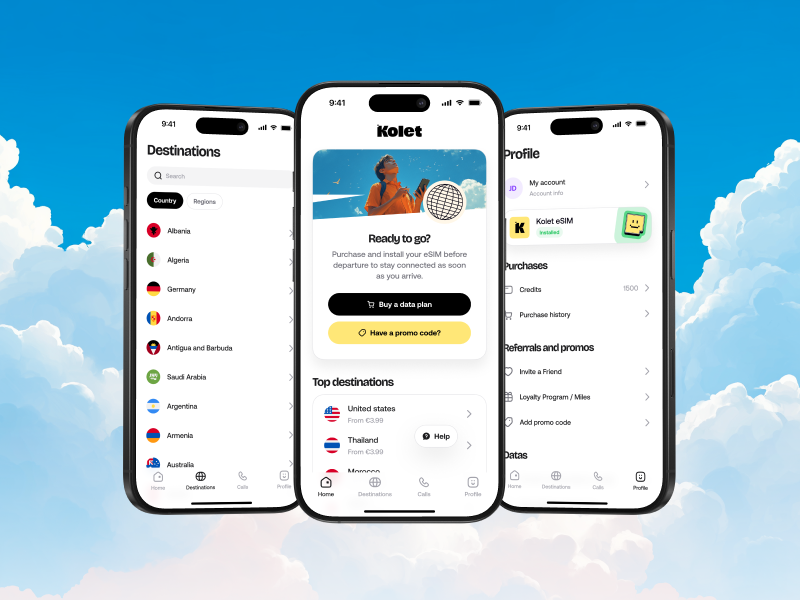 Three smartphones displaying the Kolet eSIM app against a blue sky and clouds.
