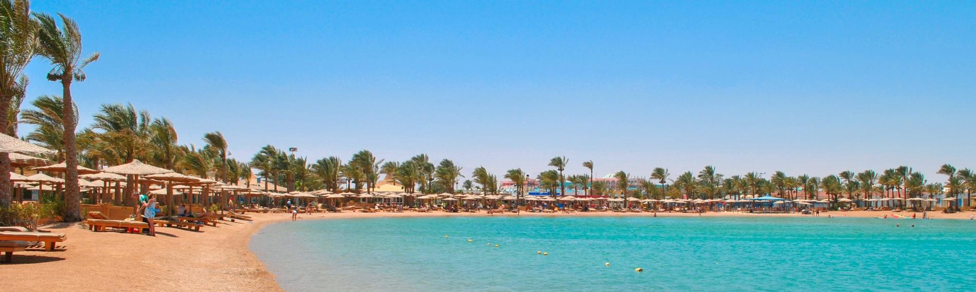 Palm-lined sandy beach with sunloungers beside clear turquoise water in Egypt.