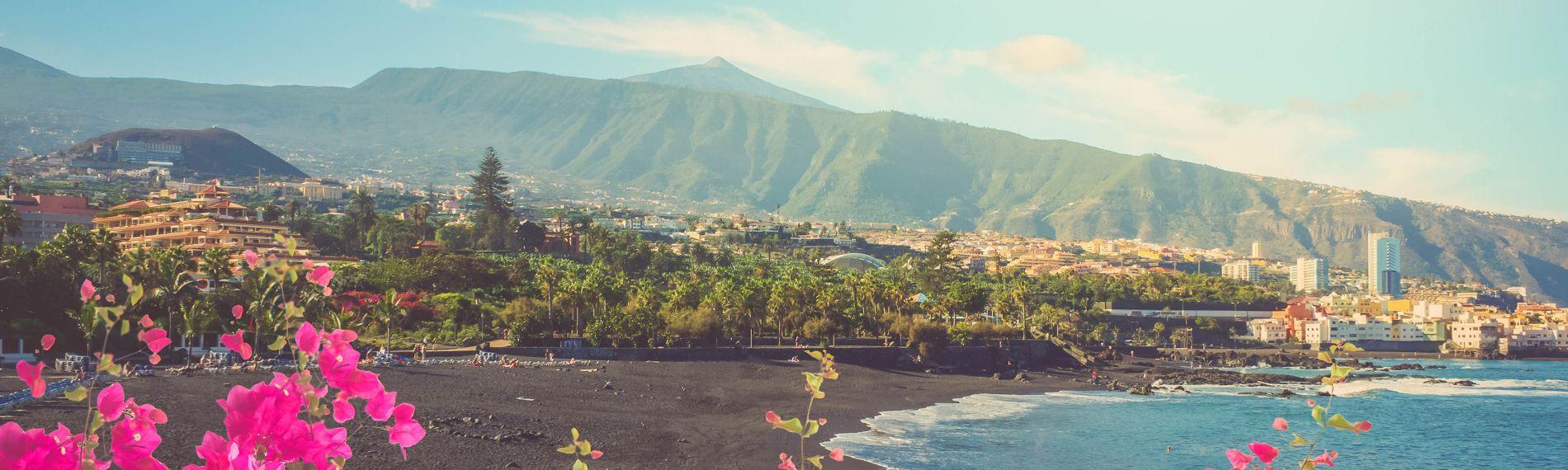 Playa Jardin, Tenerife's black sand 'garden beach', with Puerto de la Cruz and the peak of Mount Teide beyond the trees