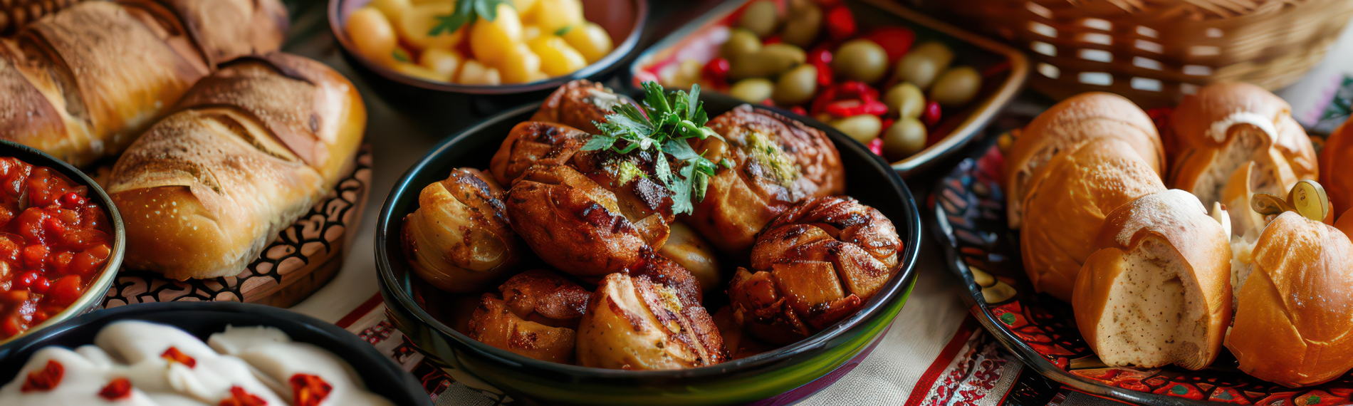 Traditional Bulgarian dishes with grilled meat, bread and olives, perfect for Bulgaria all inclusive holidays.