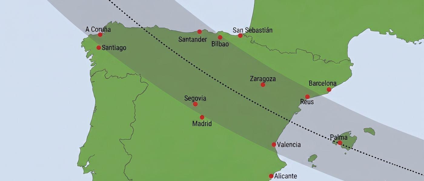 Map showing the total eclipse path passing through Coruna, Santander, Bilbao, Zaragoza, Reus, Palma, Segovia and Valencia