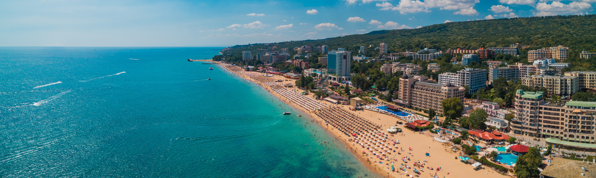 Aerial view of Golden Sands beach and hotels, a top resort for Bulgaria holidays.