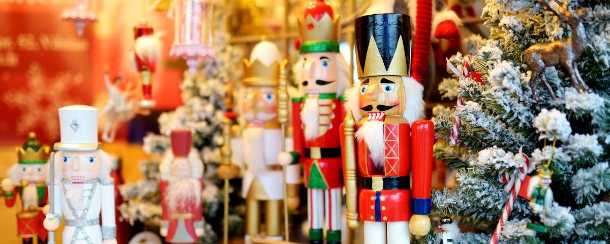 Nutcracker figurines displayed in Christmas market stall 