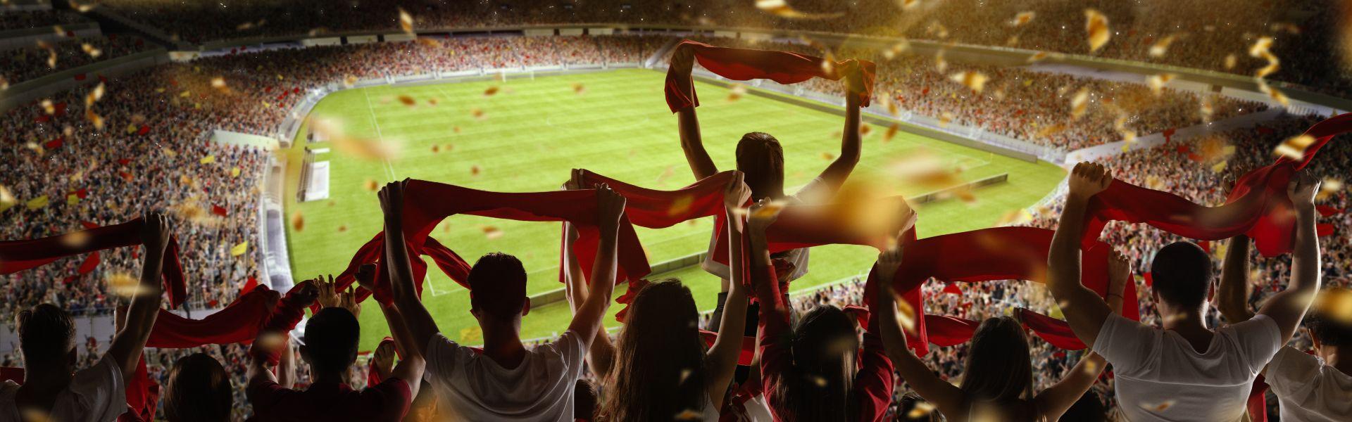 Football fans wave scarves in large stadium