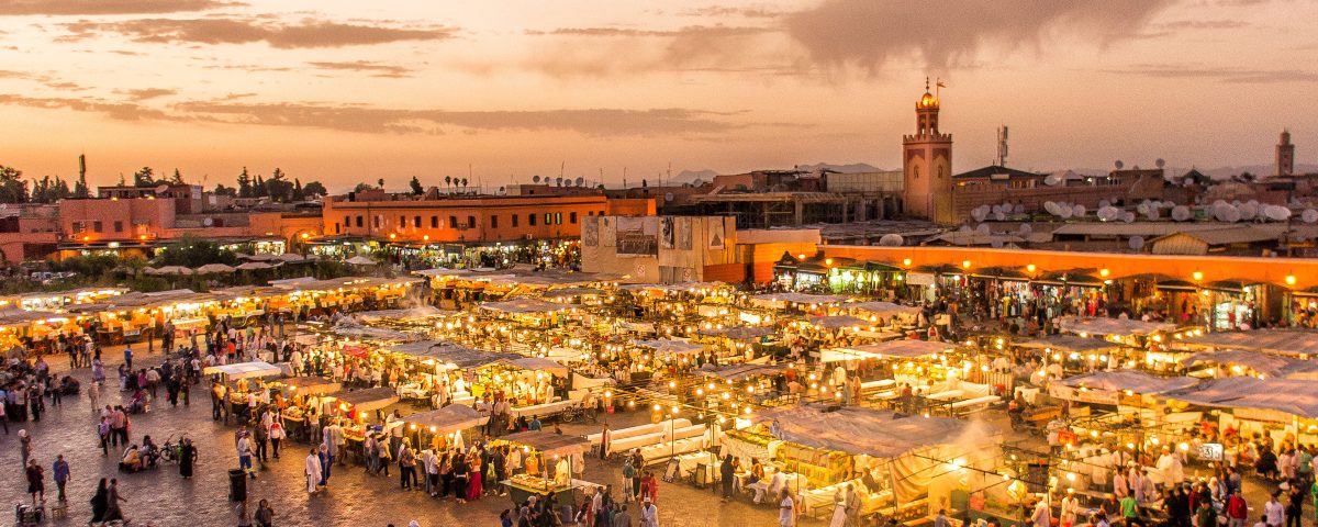 Jemaa el-Fnaa square, Marrakech, in October — bustling night market with food stalls.